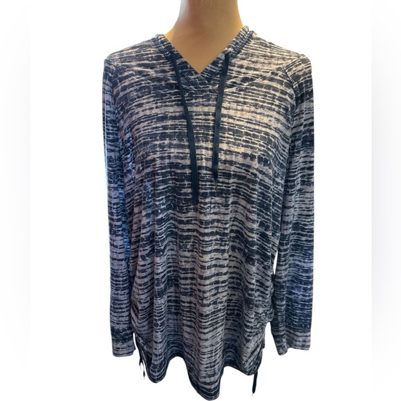 Gloria Vanderbilt Womens Blue White Striped Hoodie Ruched Drawstring Sides 1X. - Picture 1 of 11